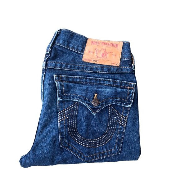 Vintage True Religion Jeans Size 34 RICKY Blue 5 Stitch Horshoe - Picture 2 of 10